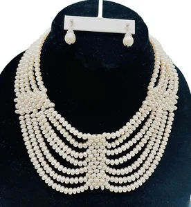 SET - 5-7 ROW STATEMENT WH PEARL CHOKER NECKLACE & EARRING W/SS IRIS APFEL STYLE - Picture 1 of 9
