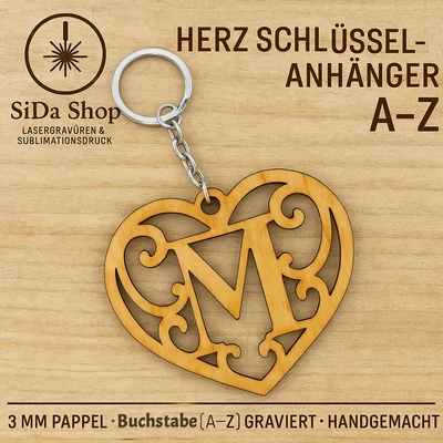 BY SIDA SHOP Schlüsselanhänger Holz Herz A-Z Handmade Natur Geschenk Gravur Natur