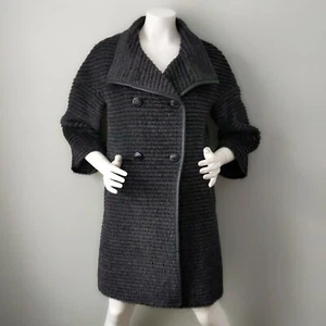 Katherine Kelly Funnel Neck Leather Trim Gray Stripe 3D Teddy Alpaca Wool Coat 2 - Picture 1 of 2