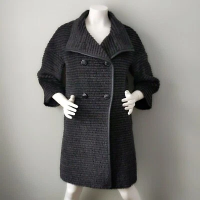 Katherine Kelly Funnel Neck Leather Trim Gray Stripe 3D Teddy Alpaca Wool Coat 2 - Image 1 of 2