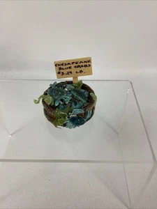 Vintage 2005 von Künstlern signiertes Puppenhaus Miniatur blaue Krabbe auf Eis in rundem Holztablett - Bild 1 von 9