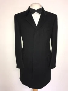 CROMBIE - Mens Long BLACK WOOL COVERT COAT - UK 40 Reg - STUNNING RED LINING - Picture 1 of 13