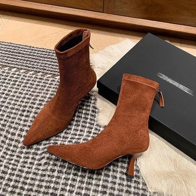 Mujeres Punta Punta Trasera Cremallera Botines Elásticos Moda Tacones Altos Damas Talla Foto 1 de 4