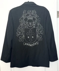 Subscript Herren schwarz Nadelstreifen Affliction Totenkopf Sport Mantel Blazer Jacke 41” XL - Bild 1 von 10