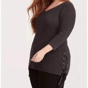 Torrid Ribbed Knit Lace Up Sweater in Gray Size 3 - Picture 1 of 16