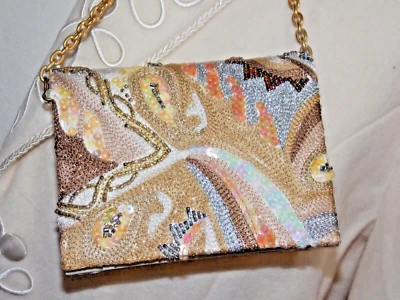 Franchi Clutch Evening Purse Ivory Satin Gold Chain Bead Embroidery Design - Image 1 of 4