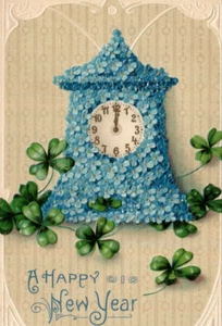 C1910 Blue Forget Me Not Flower Mantel Clock Clover New Year Postcard - Picture 1 of 3
