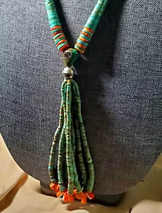 Santo Domingo Jacla Necklace. Beautiful Heishi Turquoise Orange Spiny 26-29in - Picture 1 of 11