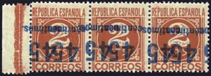 España 1930. Cifras. Edifil xx 744 hhii. Tira de 3. Sobrecarga invertida. Lujo. - Imagen 1 de 1
