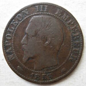 FRANCE 1855-K EMPEROR NAPOLEON III BRONZE FIVE 5 CENTIMES COIN (KM# 777.5)
