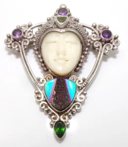 Sajen Sterling Silver Carved Goddess Drusy Face Multi Gemstone Pin Pendant FZZ - Picture 1 of 3