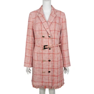 NWT VENUS Women Trench Coat Size 10 Pink Red Plaid Tweed Double-Breasted Belted - Picture 1 of 15