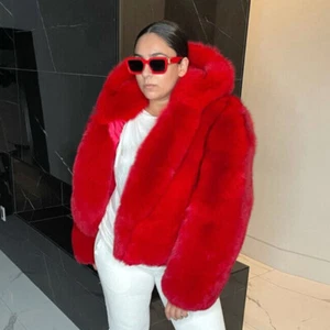Red Luxury Full Pelt Genuine Fox Fur Coats Women Hooded Winter Thick Fur Outwear - Picture 1 of 4