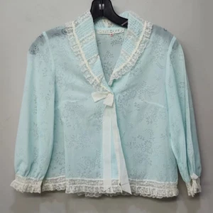 Damen Vintage Bett Jacke Oberteil Medium EU 42 Pastell Blau Spitze Band Schleife Kokette - Bild 1 von 8