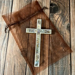 Vintage Perlmutt Abalone Kreuz gestempelt Bethlehem Holzboden 6,25" - Bild 1 von 5