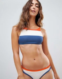 RVCA July Colour Block Crop Bikini set size M orange blue white swimwear retro - Picture 1 of 8