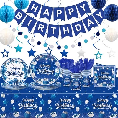 185 piezas Servilletas Desechables Platos Azul y Plata Decoraciones Feliz Cumpleaños T... Foto 1 de 4