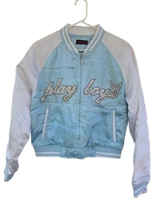 Playboy Satin Bomber Jacket Coat Blue White Rhinestone Logo Women’s Size M READ - Picture 1 of 10