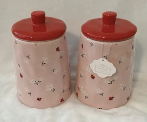 Shabby Chic Ladybugs & Daisies Floral 8” Juego de 2 Botes de Cerámica NUEVO - Imagen 1 de 10