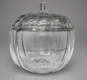 Anchor Hocking Clear Glass Lidded Pumpkin Bowl Jar Canister VTG 7.5 Halloween - Picture 1 of 12