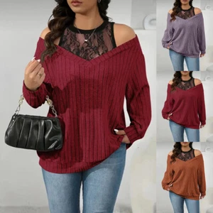 Plus Size Women Lace Cold Shoulder Tops Long Sleeve Ribbed Casual Shirt Blouse - Picture 1 of 20