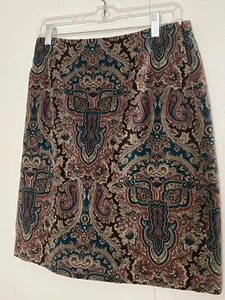 J G Hook Pencil Skirt Paisley Print Cotton Lined Velvety Un-ribbed Corduroy 10 - Picture 1 of 6