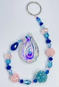 Beaded Suncatcher - Blue Pink - Clear Crystal Prism - Hanging Decor - Picture 1 of 11
