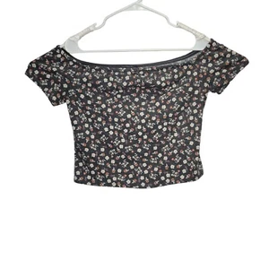 Mossimo Black Floral Pattern Shoulder Crop Top Womens Size Large Polyester - Picture 1 of 6