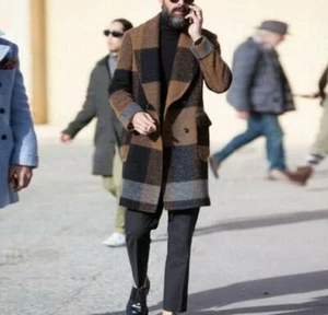 Hombres Informal Mezcla de Colores Cuadros Solapa Cuello Trinchera Medio Largo Mezcla de Lana Chaqueta C - Imagen 1 de 2