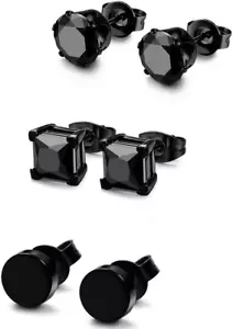 3 Pairs Stainless Steel Black Stud Earrings for Men Women Hypoallergenic Mens... - Picture 1 of 1