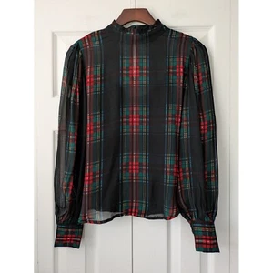 J. Top girocollo Crew in chiffon tartan Stewart taglia XS NUOVO SENZA ETICHETTE $148 CF439 - Foto 1 di 5