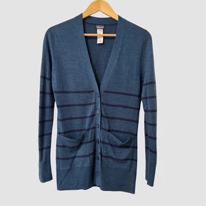 Patagonia W' Light Weight Blue/Navy Merino Button Down Long Stripe Cardigan S - Picture 1 of 4