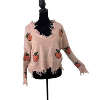 Just Polly Peaches Cropped Fruit Sweater Size S Frayed Hem Kawaii Statement - Image 1 of 4