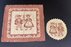 "Mantel individual de lino con flores de niño/niña rosa/crema Folkart austriaco 13"" L y tapete 7""D" - Imagen 1 de 4