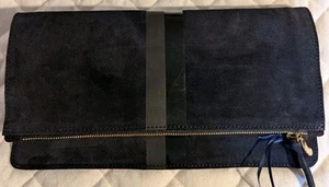 CLARE V. Los Angeles Foldable Navy Suede Leather Clutch Bag Black & Gray Stripe - Picture 1 of 6