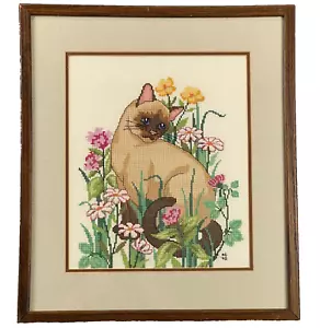 Siamese Cat Completed Cross Stitch Framed 15X17 Inch Vintage 1990 Ready To Hang - Picture 1 of 15