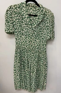 Antique 1930s Green White Cotton Day Dress Pattern Green Collar with Belt AS IS - Picture 1 of 18
