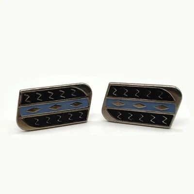 Cufflinks Rectangle Black, Blue And Silver Pair Of 1" x 1/2" - Image 1 of 4