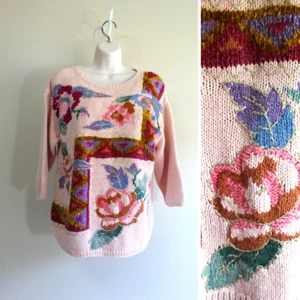 Pink Floral Pullover Claudia D Sweater Womens L Intarsia Cotton Ramie 3/4 Sleeve - Picture 1 of 8