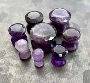 PAIR Faceted Amethyst Stone Plugs Organic Gauges Amethest Tunnel Amythest - Picture 1 of 5