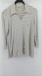 Motherhood Maternity Striped Top Medium Beige 3/4 Sleeve V-Neck Collard. - Picture 1 of 8