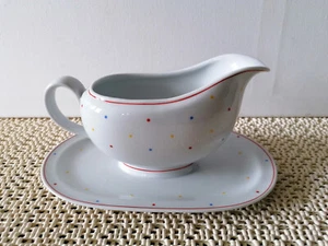 Sauciere KAESTNER SAXONIA 1899/12 Porzellan mit bunten Punkten und Roten Rand - Picture 1 of 6