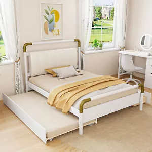 Queen Size Wooden Storage Platform Bed, with 2 Big Drawers, T-XL Size Trundle, W - Picture 1 of 12