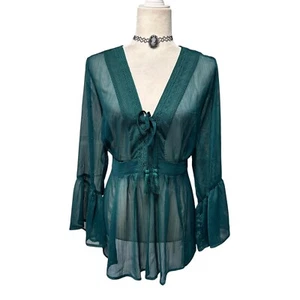 Green Sheer Chiffon Tie Bell Sleeve V Neck Whimsigoth Fairy Top Women's Size 0 - Picture 1 of 10