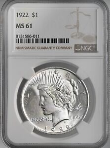 1922-P $1 PEACE SILVER DOLLAR MINT STATE NGC MS61 #8131586-011  FRESHLY GRADED