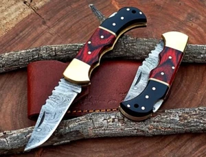 Damascus  Back Lock Folding Blade Pocket knife camping Hunting Tactical Knife - Picture 1 of 4