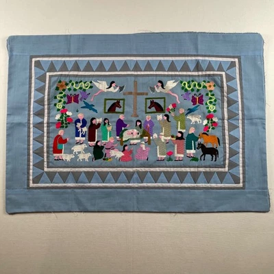 VTG Hmong Story Cloth Embroidered Textile Wall Hanging Religious Nativity Folk - Image 1 of 4