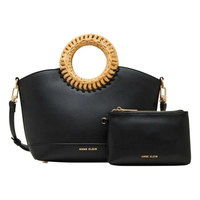 Anne Klein Solid Tote with Straw Handle - Black - Image 1 of 4