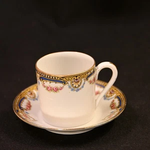 Limoges F Legrand & Cie. Coffee Can Cup & Saucer Pink Blue Floral Band 1924-1926 - Picture 1 of 23