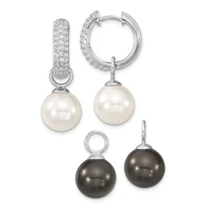 Sterling Silver Cubic Zirconia 12-13mm Black & White Shell Pearl Hoop Earrings - Picture 1 of 4